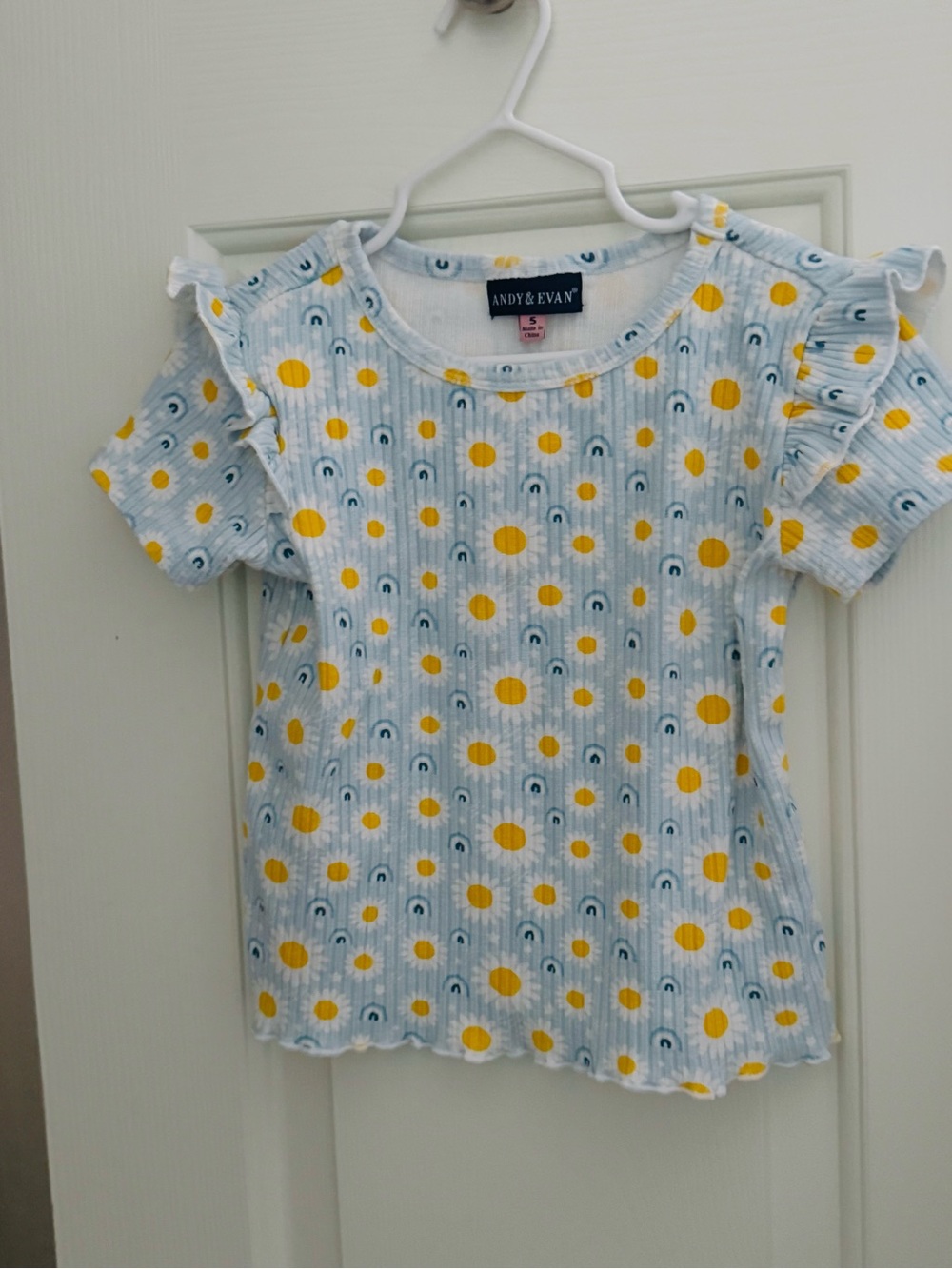 Andy & Evan Light Blue Top with Yellow Sun and Navy Rainbow Print